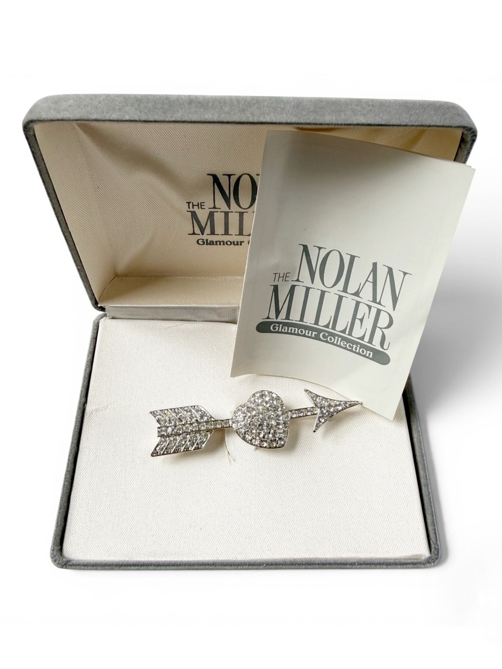 Nolan Miller Cupids Arrow Heart Clear Rhinestone Silvertone Brooch Pin in Box
